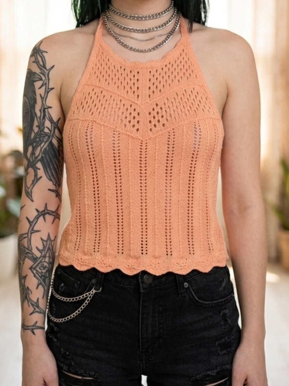 Almost Famous Peach Crochet Halter Camisole